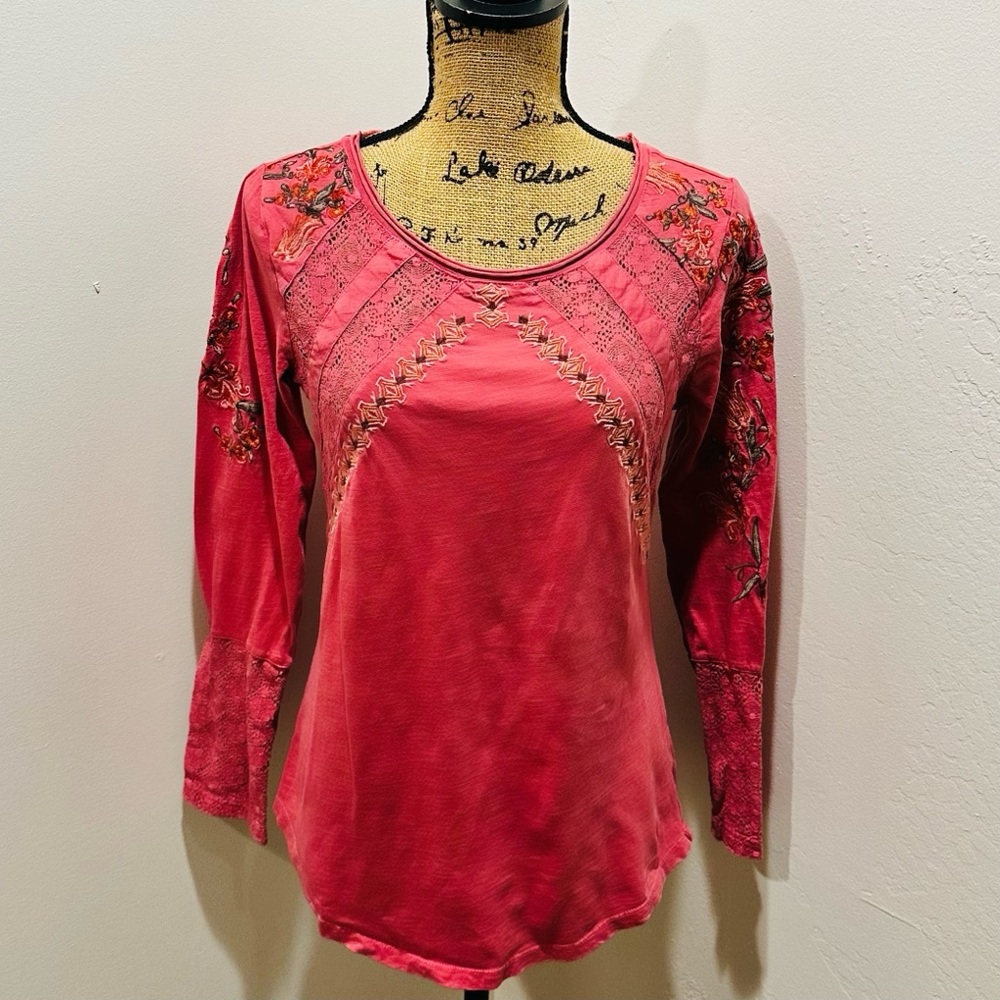 Women Sundance Pink Lace Floral Embroidered Long Sleeve Top Size S